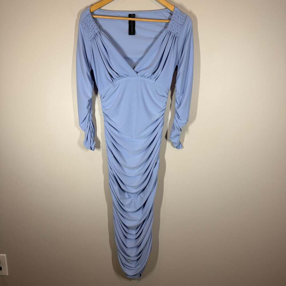 Norma Kamali Tara Dress Powder Blue Ruched Long Sleeve Midi Size S - Picture 2 of 11